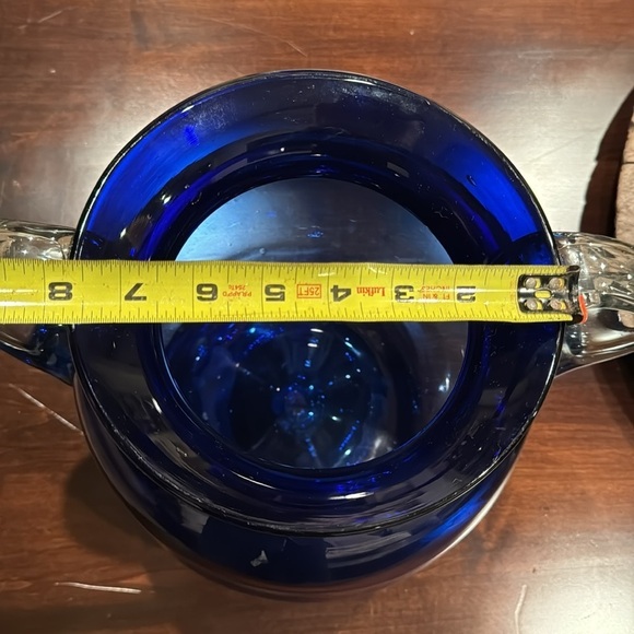 Large Hand Blown Round Cobalt Blue Glass Vase with Clear Handles Beautiful! - Picture 8 of 8